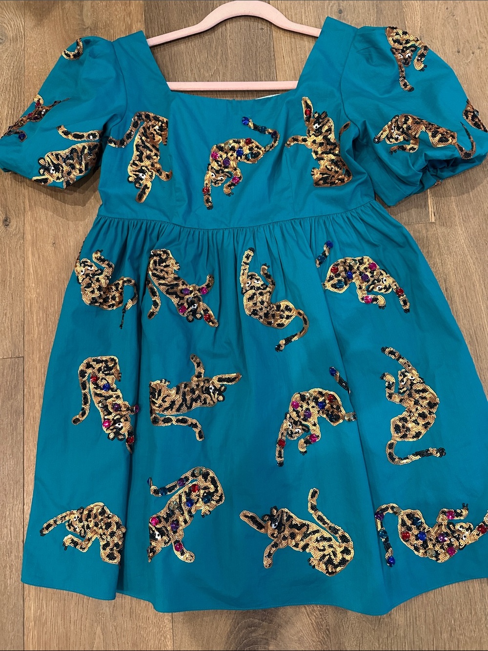 QUEEN OF SPARKLES Teal Mini Dress with Gold Sequin Leopard Appliqués